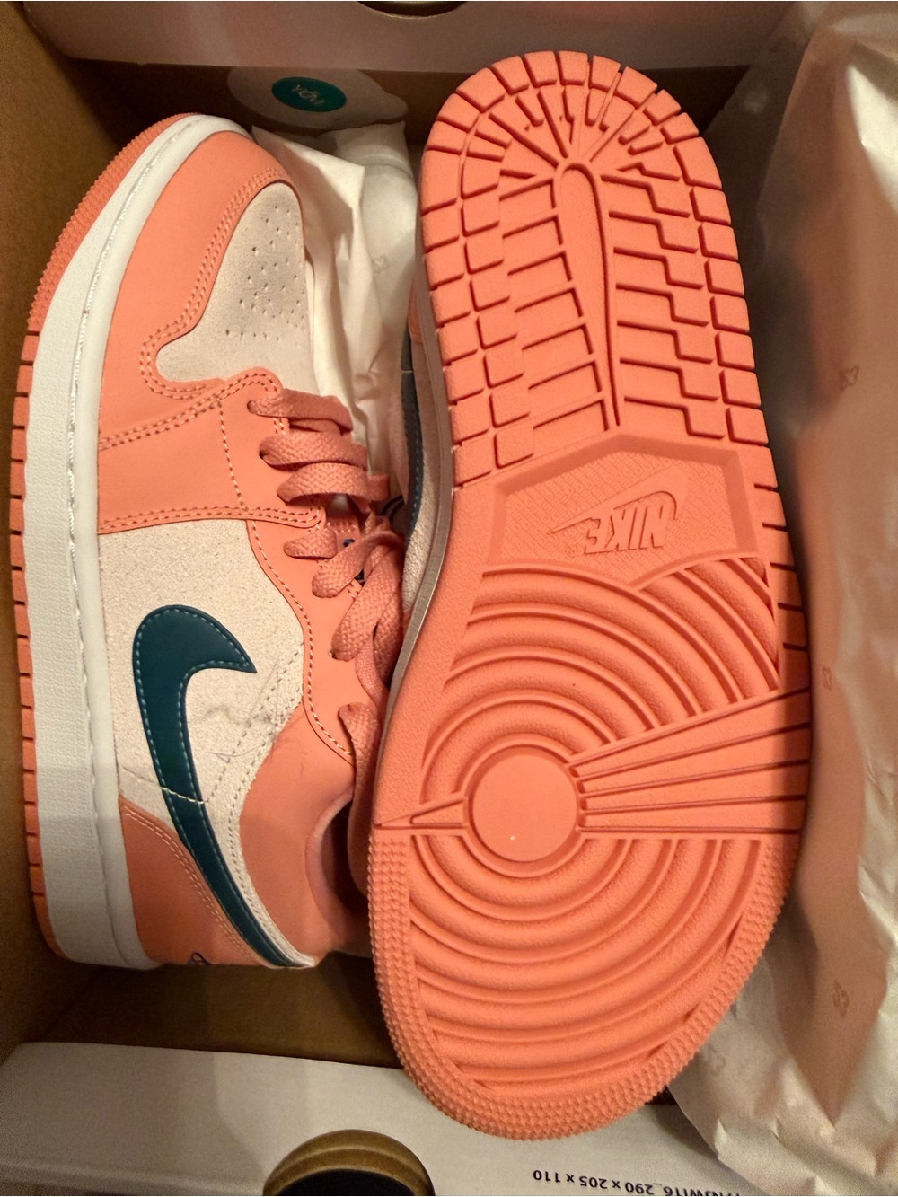 Jordan Women’s Coral Pink Low-Top Sneakers with Teal Swoosh - Picture 2 of 4